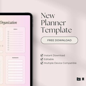 Könnte beinhalten: Eine digitale Planer-Vorlage auf einem Tablet-Bildschirm mit einem rosa-gelben Farbverlauf im Hintergrund. Die Vorlage enthält Abschnitte für die tägliche Organisation, Top-Prioritäten, Ziele, Wasseraufnahme, aktuelle Stimmung, Tagesordnung und Erinnerungen. Der Text "Neuer Planer-Vorlage" und "KOSTENLOSER DOWNLOAD" wird auf dem Bildschirm angezeigt.