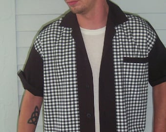 Men s Rockabilly Shirt Jac Black White Plaid 1950 s Style Etsy