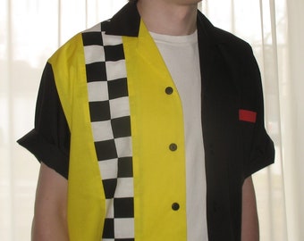 Men's Rockabilly Shirt Jac Checkerboard Racing Stripe Yellow Accent