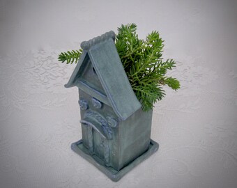 Stoneware Ceramic planter blue succlent clay house vase one of a kind original mothers day gift outdoor ornament Charming Cottage free ship