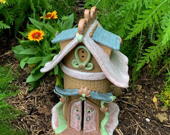 Stoneware Gingerbread Fairy House Large Toad house pink white green blue golden outdoor decoration yard art gardener woman birthday gift