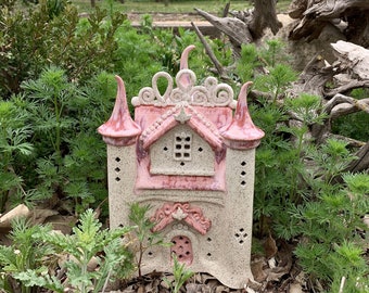 Stoneware Fairy Castle Ceramic gardener gift house nightlight slab built lantern garden art luminary sculpture home decor outdoor ornament