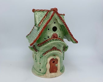 Stoneware Fairy House Magical Toad house red green outdoor decoration  gardener free shipping mother's day gift one of a kind original art