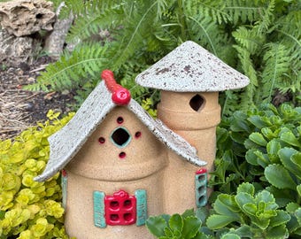 Large Fairy or Toad House, Stoneware, red, green and speckled brown, handmade, one of a kind