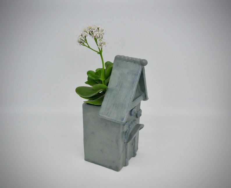Stoneware Ceramic planter blue succlent clay house vase one of a kind original mothers day gift outdoor ornament Charming Cottage free ship Bild 8