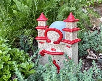 Stoneware Solar light decoration, red white, ceramic outdoor ornament one of a kind