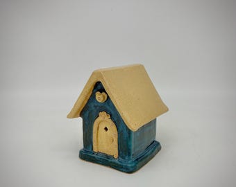 Stoneware Little Fairy cottage gold aqua and gold one of a kind
