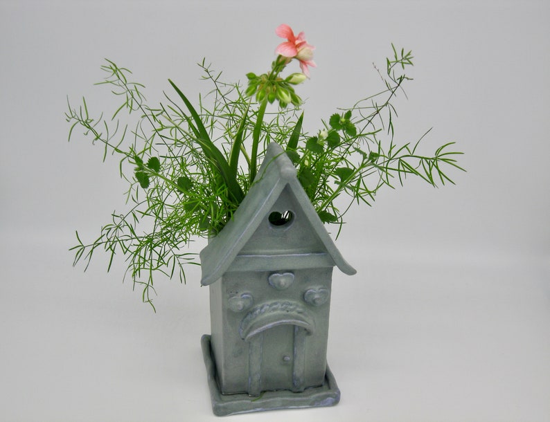 Stoneware Ceramic planter blue succlent clay house vase one of a kind original mothers day gift outdoor ornament Charming Cottage free ship Bild 2