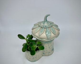 Stoneware planter aqua white blue planter vase one of a kind original woman's gift handmade ceramic ornament onion roof turquoise vase