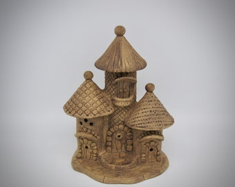 Stoneware fairy castle, brown and beige, home decor, garden sculpture,  un-glazed brown clay