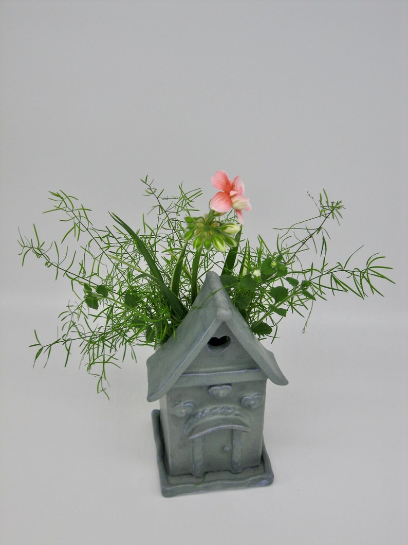 Stoneware Ceramic planter blue succlent clay house vase one of a kind original mothers day gift outdoor ornament Charming Cottage free ship Bild 3