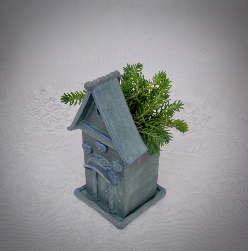 Stoneware Ceramic planter blue succlent clay house vase one of a kind original mothers day gift outdoor ornament Charming Cottage free ship Bild 1