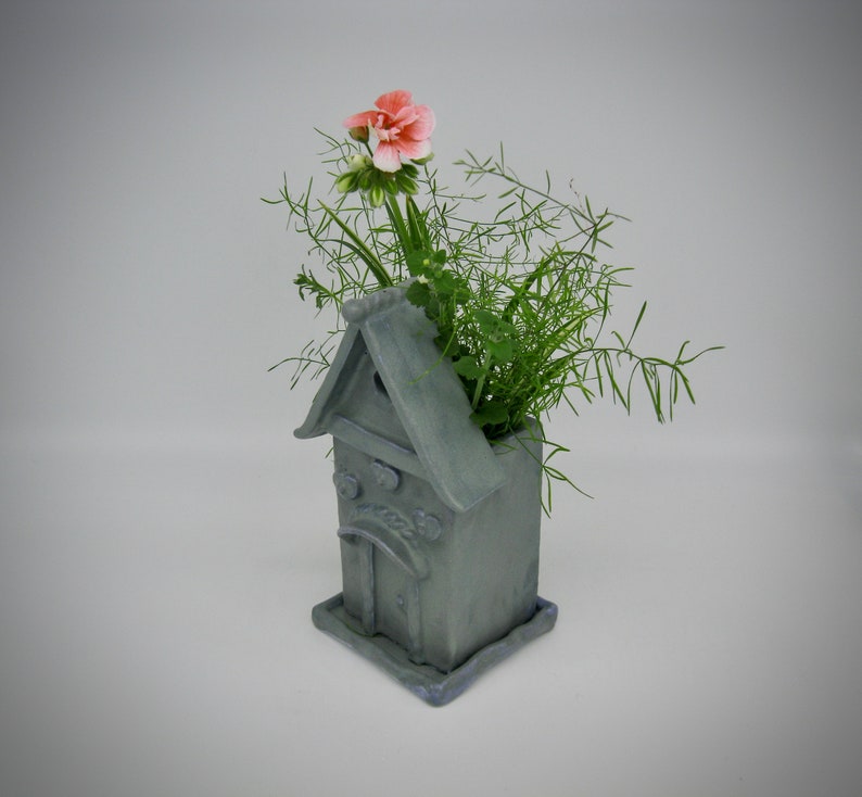 Stoneware Ceramic planter blue succlent clay house vase one of a kind original mothers day gift outdoor ornament Charming Cottage free ship Bild 5