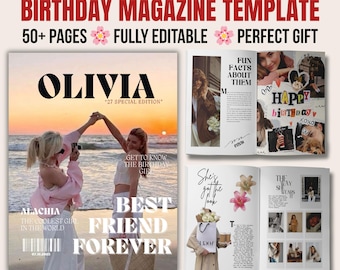 親友への誕生日雑誌テンプレート | 編集可能なCanvaギフト | パーソナライズされた女の子の誕生日カスタム誕生日雑誌 | 編集可能なCanvaギフト