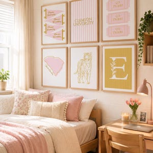 May include: A gallery wall of six framed prints featuring Clemson University themes, including pink pennants, striped backgrounds, ticket stubs with Go Tigers text, a South Carolina map, a gold tiger illustration, and a large letter E on yellow.