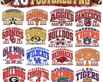 Puede incluir: Una colección digital de 16 logotipos de equipos de fútbol universitario con el texto 16 FOOTBALL PNG en la parte superior. Cada gráfico muestra el nombre de una universidad, una mascota y una fecha de fundación en rojo, azul, naranja y oro.