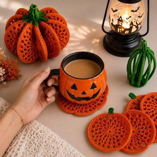 Juego de posavasos de calabaza con patrón de ganchillo: 8 posavasos se convierten en una calabaza 3D.