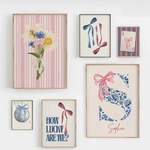Blue and Pink Preppy Set of 8, Aesthetic Coastal Wall Art, Trendy Girls Dorm Decor, How Lucky Are We, Cute Coquette Bow Boots, Sweet Dreams