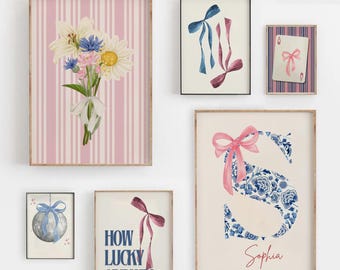 Preppy Bow Wall Art Prints: Blue, Pink Dorm Decor (Digital Download Set of 8)