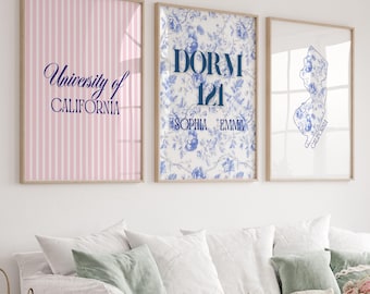 Custom Pink Dorm Wall Art Set of 3 | Personalized College Name & Location Print | Girly Dorm Room Decor | College Girl Gift | Digital Downlo