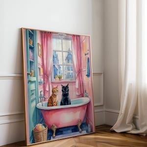 Dopamin druckbare Badezimmer Wand Katze Paar In einer Badewanne Maximalist Malerei rosa Preppy Poster Trendy Girly Dekor