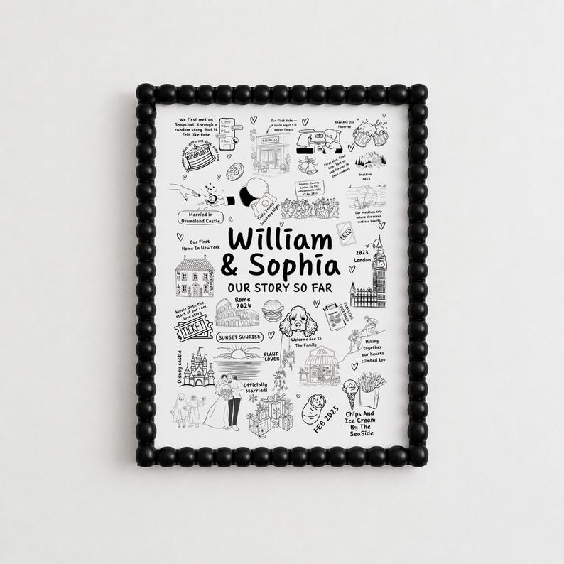 May include: A black and white framed print featuring the text William & Sophia Our Story So Far, surrounded by various hand-drawn illustrations of landmarks, food, and life events, enclosed in a black frame with a decorative beaded border.