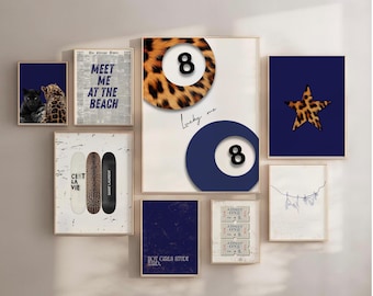 Retro 8 Ball Lucky Girl Poster, Cheetah Navy Blue Aesthetic, Trendy Apartment Decor, Y2K Chic Living Room Gallery Wall Art Set of 8 Prints