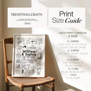 May include: A white framed print titled William & Sophia Our Story So Far featuring black line art illustrations of life events. The text Print Size Guide lists various dimensions in inches for 2:3, 3:4, 4:5, and 5:7 ratios, plus 11x14 and 22x28.