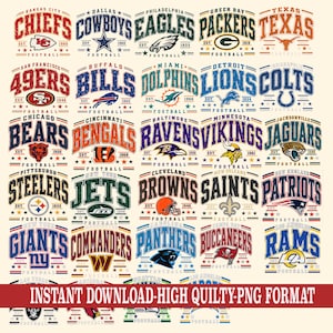 Puede incluir: Una colección digital de treinta y dos logotipos y marcas denominativas de equipos de fútbol americano dispuestos en una cuadrícula. Cada diseño muestra el nombre del equipo, la ciudad, el año de fundación y un emblema en varios colores, con el texto INSTANT DOWNLOAD-HIGH QUILTY-PNG FORMAT en la parte inferior.
