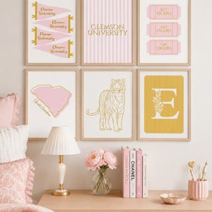 May include: A gallery wall set of six framed prints featuring Clemson University themes in pink and gold. Designs include pennants, striped text, ticket stubs, a map of South Carolina, a tiger illustration, and a large letter E with floral detail.