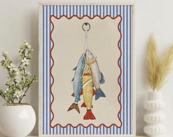 Sardines Art Print, Fish Poster, Modern Vintage Food Illustration, Kitchen Wall Art, Digital Download