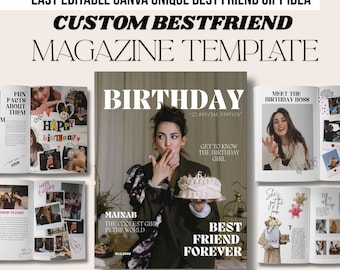 親友への誕生日雑誌テンプレート | 編集可能なCanvaギフト | パーソナライズされた女の子の誕生日カスタム誕生日雑誌 | 編集可能なCanvaギフト