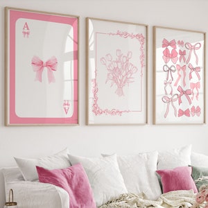Juego de 3 cuadros decorativos con lazos rosas de moda, póster preppy, decoración para apartamentos universitarios, estampado de lazos de acuarela, decoración de habitación coqueta, arte mural femenino.