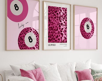 Juego de láminas con diseño de bola 8 de la suerte en color rosa / Leopardo, estilo preppy para pared (descarga digital)