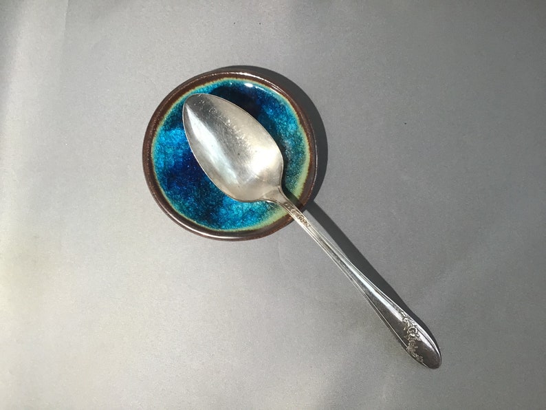 Blue Spoon rest, brown glaze with crackles, ocean affect image 4