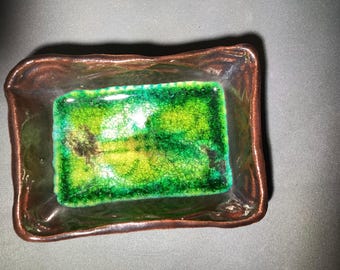 Handmade Clay Soap Dish with Green Stained Glass