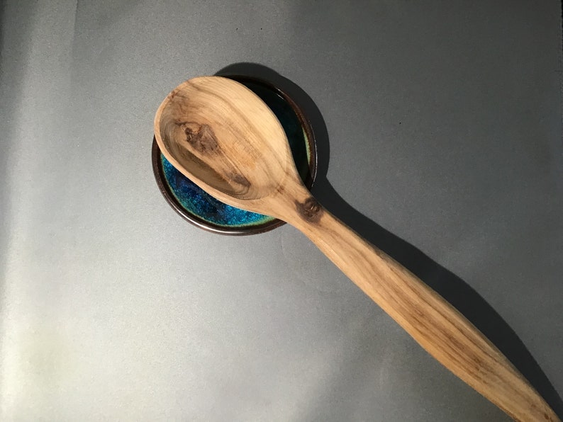 Blue Spoon rest, brown glaze with crackles, ocean affect image 3