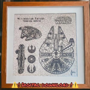 May include: A framed print of a technical drawing of the Millennium Falcon spaceship from Star Wars. The print is on a textured, cork-like material and includes the text "Millennium Falcon Technical Drawing" and "Star Wars". The print has a yellow warning sign at the bottom that says "! DIGITAL DOWNLOAD !"