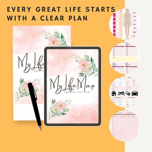 Peut inclure: Un planificateur et une tablette avec le texte "My Life Map" et "Every Great Life Starts With A Clear Plan". Le planificateur et la tablette ont un design aquarelle rose avec des accents floraux et un stylo noir.
