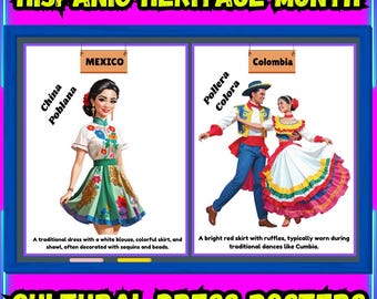 Pósteres de vestimenta cultural del Mes de la Herencia Hispana / Decoración de aula con vestimenta tradicional imprimible / Tablón de anuncios / Descarga digital instantánea