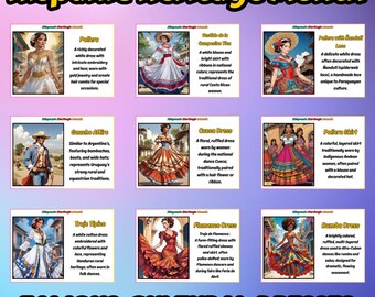 Pósteres de vestimenta tradicional del Mes de la Herencia Hispana / Decoración de aula con vestimenta cultural / Juego de tableros de anuncios imprimibles / Descarga digital