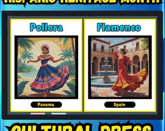 20 carteles del Mes de la Herencia Hispana / Vestimenta cultural y tradicional de los países / Decoración para tablones de anuncios de aulas