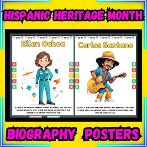 Famous Hispanic Figures Posters | Biographies & Cute Illustrations | Hispanic Heritage Month Bulletin Board Decor | Classroom Printable Set