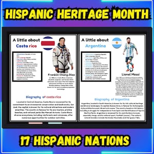 Pode incluir: Um cartaz para o Mês da Herança Hispânica apresenta informações sobre a Costa Rica e a Argentina. Inclui imagens de Franklin Chang-Díaz e Lionel Messi, juntamente com detalhes sobre a história, cultura e características de cada país. O texto "17 Nações Hispânicas" também é exibido.