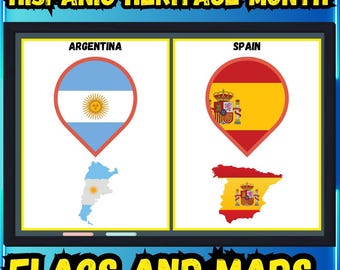 Hispanic Heritage Month Flashcards Posters | Flags & Maps of All Hispanic Countries | Classroom Geography Activity Bulletin Board