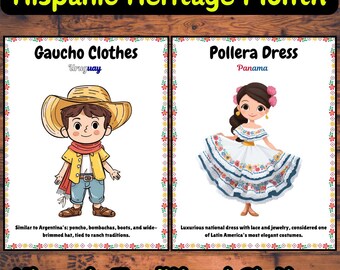 Pósters de vestimenta tradicional del Mes de la Herencia Hispana / Decoración para aulas de 20 países hispanos / Tablón de anuncios cultural