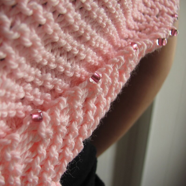 Hand Knit Pink Wrap/Scarf with beaded edge image 5