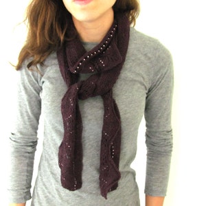 Long Lace Scarf, Hand Knit Lace and Beaded Scarf, Scalloped Edge scarf, burgundy scarf, deep wine scarf, purple lace scarf, beaded scarf