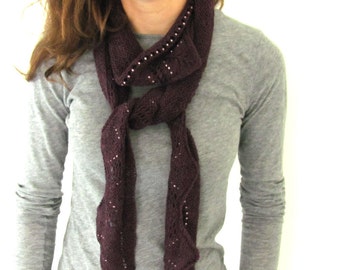 Long Lace Scarf, Hand Knit Lace and Beaded Scarf, Scalloped Edge scarf, burgundy scarf, deep wine scarf, purple lace scarf, beaded scarf