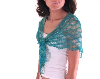 Lace wrap, Handknit lace shawl, seafoam lace, aqua lace, beaded lace, Ocean Waves and Sea Foam Hand Knit Lace Shawl with Beaded Edge